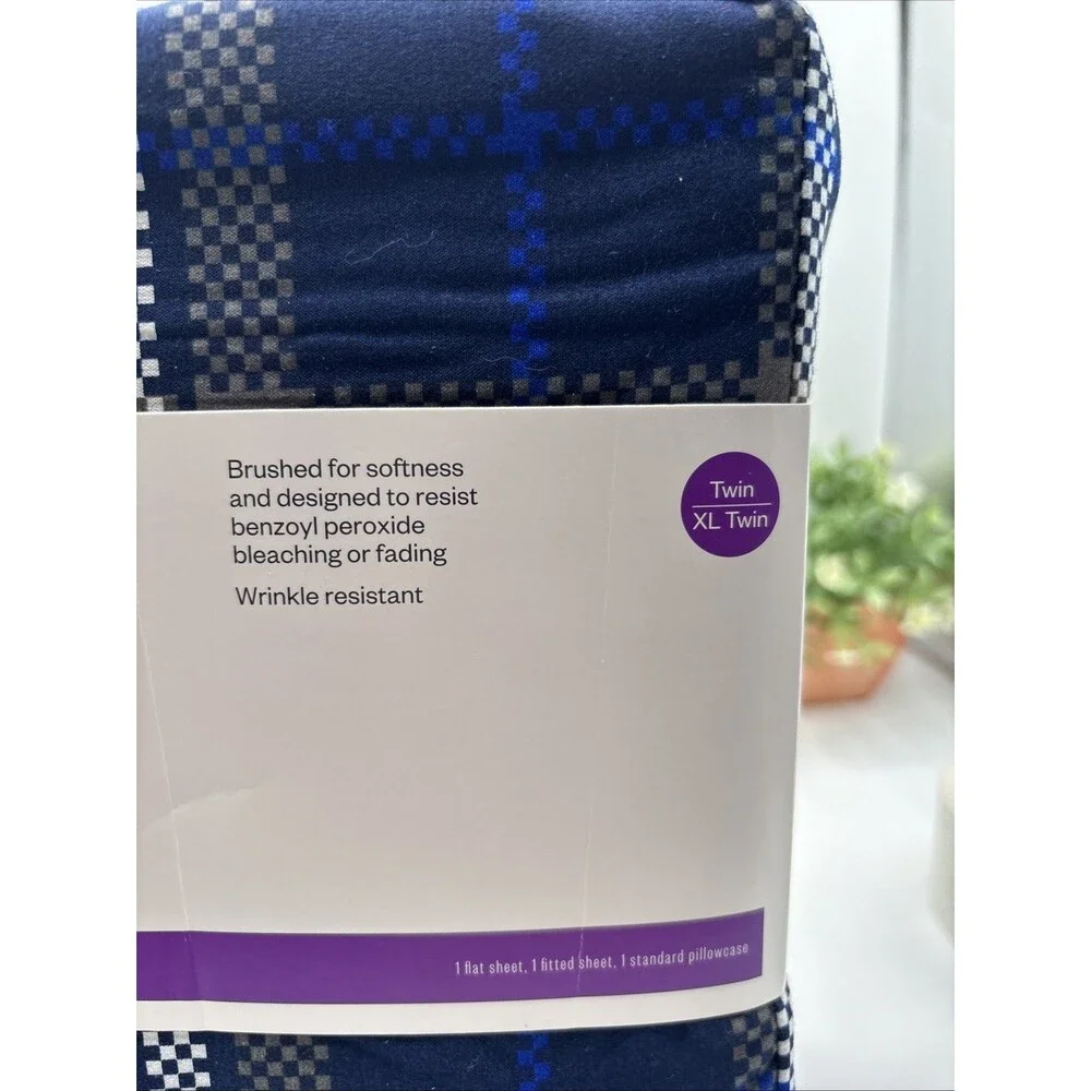 Microfiber Sheet Set Blue Plaid Room Essentials NEW Twin XL Dorm School Gift